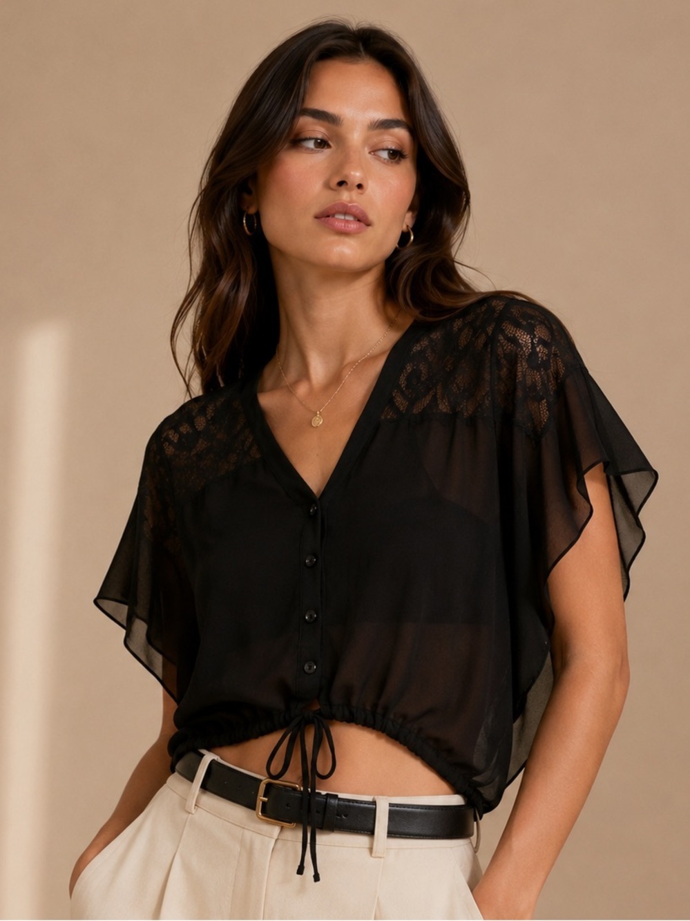 Atmosphere Black Sheer Lace Blouse | Romantic Chic Button Front Top | Size 10